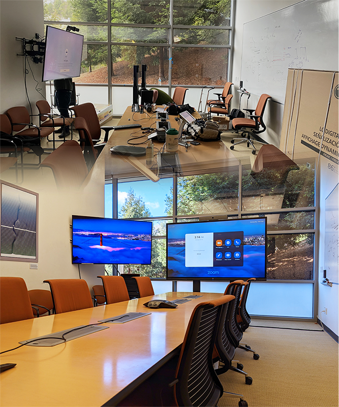 Before and after progress image of AV upgrades in a conference room at the Molecular Foundry.
