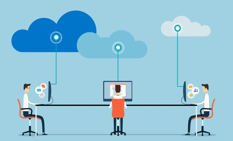 Illustration of three people using cloud computing services. 