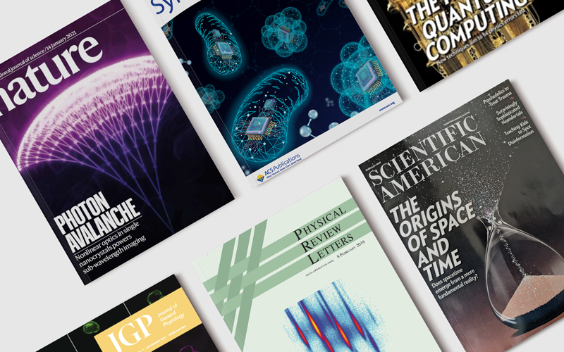 Array of Berkeley Lab scientific magazine and journal covers. 