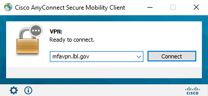 Screenshot of the Cisco AnyConnect VPN client ready to connect using MFA.