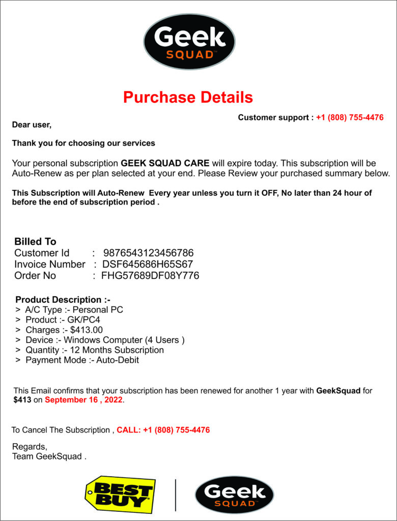 Fake invoice imitating Geek Squad and Best Buy.