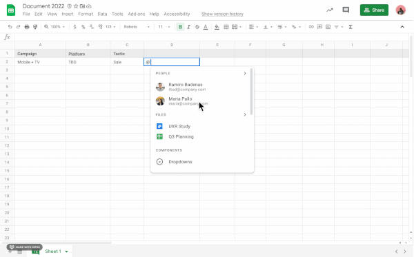 Insert smart chip files into Google Sheets. Source: https://workspaceupdates.googleblog.com/2022/10/smart-chips-files-google-sheets.html