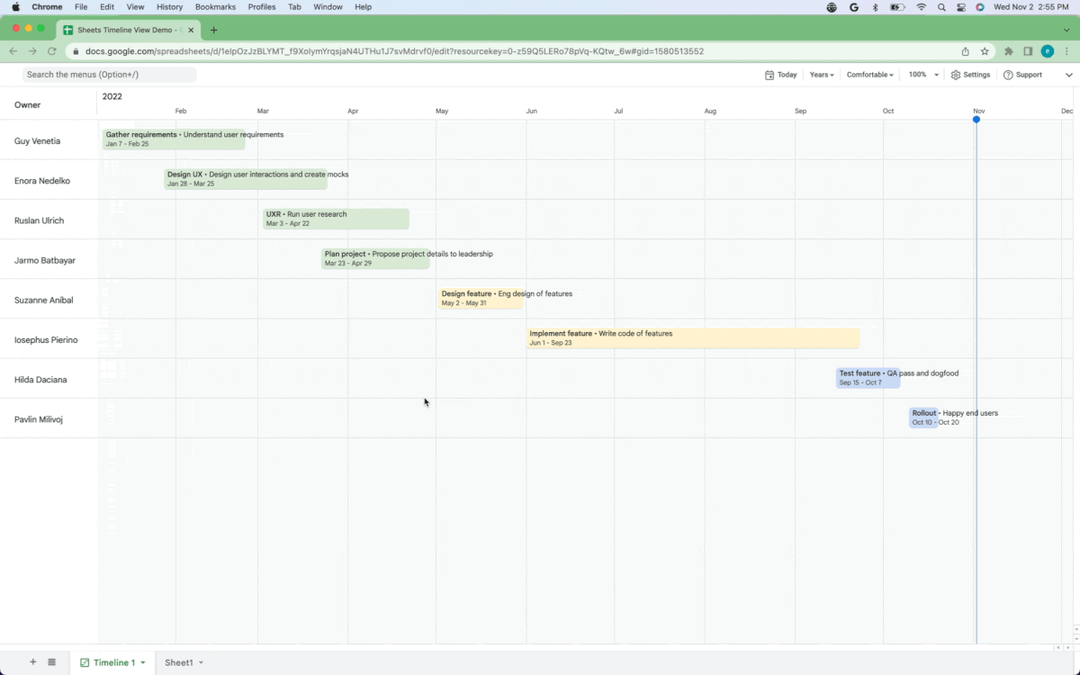 Timeline view in Google Sheets. Gif by Google Workspace.