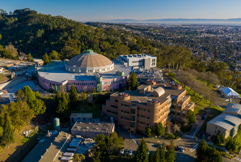 An aerial view showing the Advanced Light Source (ALS, Building 6), Building 2 and the surrounding buildings of the ALS complex as seen from an aerial photography drone at Lawrence Berkeley National Laboratory (LBNL), Berkeley, California, 02/23/2021.