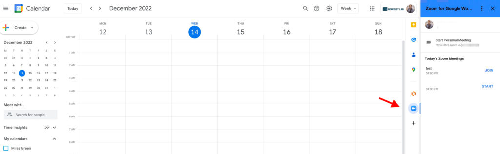Zoom for Google Workspace add-on accessed from the right sidebar in Google Calendar.