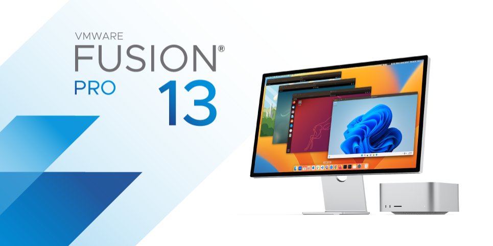 VMware Fusion 13 Pro logo and example desktop displayed on a Mac computer. (Credit: VMware)