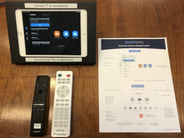 Zoom Room controls and guide in the Sessler conference room.