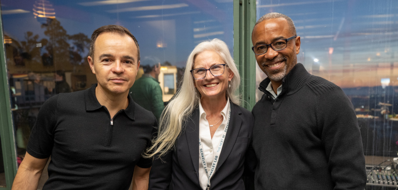 Margaret Dick, Lab Chief of Staff, with Luis Corrales (left) and Miles Green (right) at the 2022 Director’s Achievement Awards ceremony at Lawrence Berkeley National Laboratory (Berkeley Lab), Berkeley, California, 11/10/2022. (Credit: Thor Swift/Berkeley Lab)