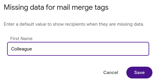Gmail multi-send mode 'Missing data for mail merge tags' dialog window.