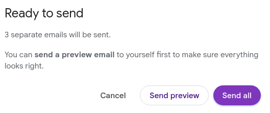 Gmail multi-send mode 'Ready to send' dialog window.
