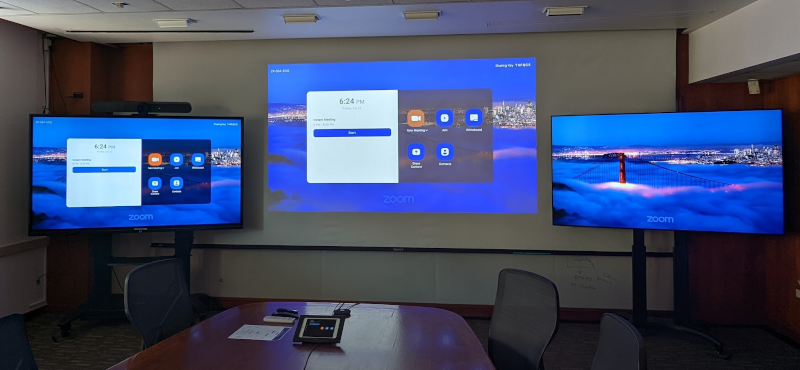 Projector and multiple displays in the updated 50A-5132 Sessler Zoom Room.