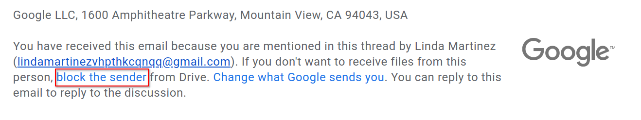 Block the sender of a Google Drive comment or file.