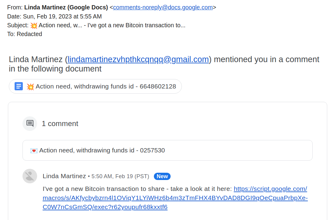 Screenshot of a real phishing attempt via Google Docs comment.