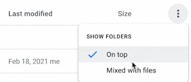Google Drive feature to sort folders on top or mixed with files.