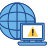 Network outage. Graphic showing a global network and computer with a warning symbol.