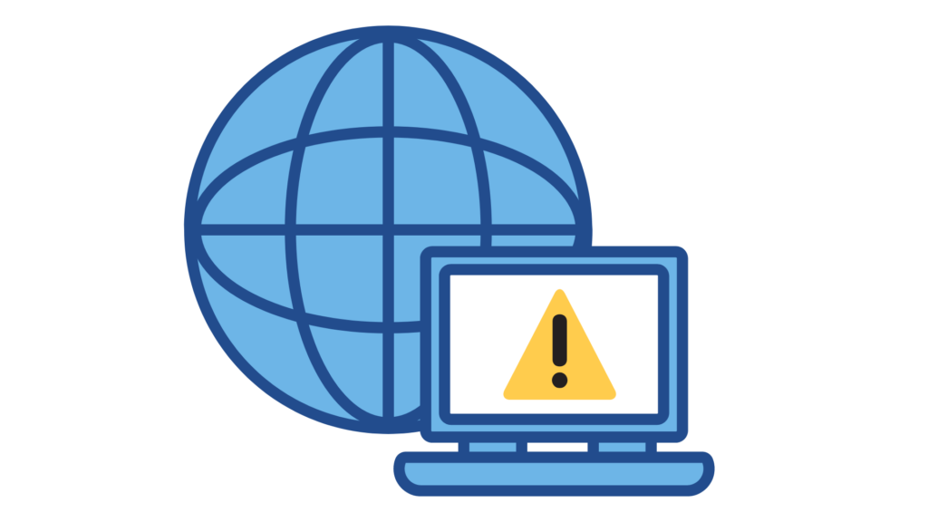 Network outage. Graphic showing a global network and computer with a warning symbol. 
