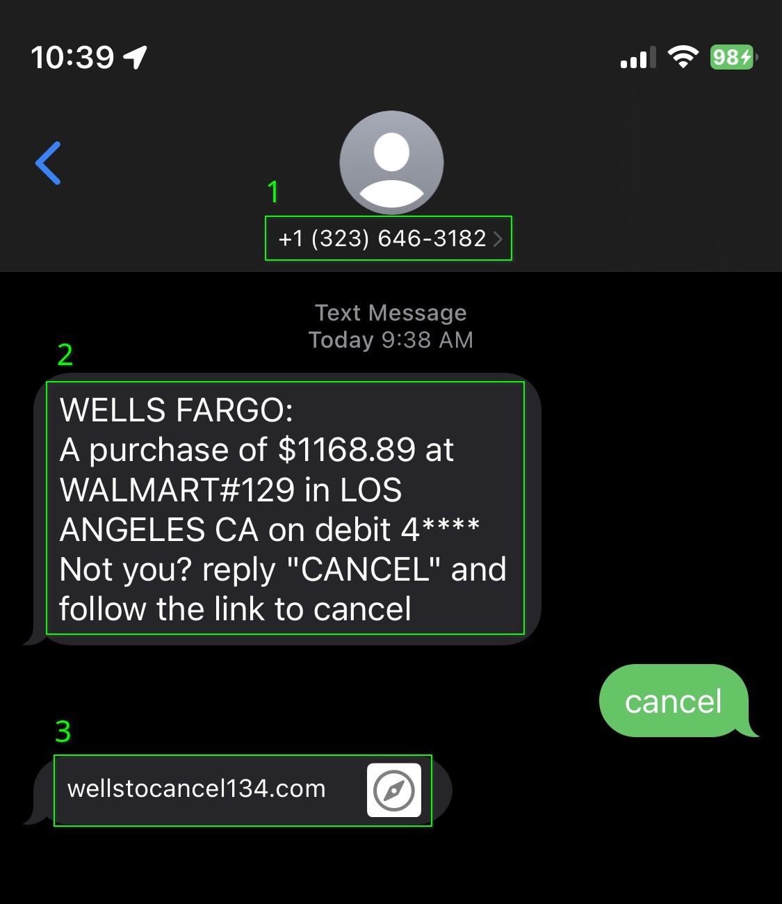 Annotated example of a banking phishing scam received via SMS text message. 