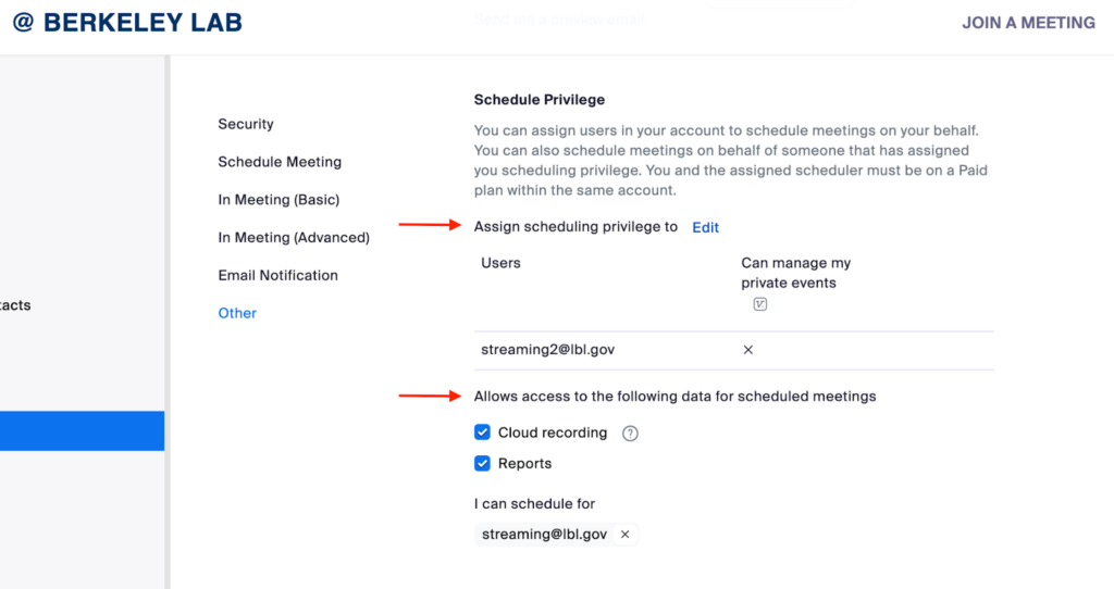 Assigning scheduling privileges in the Zoom web portal.