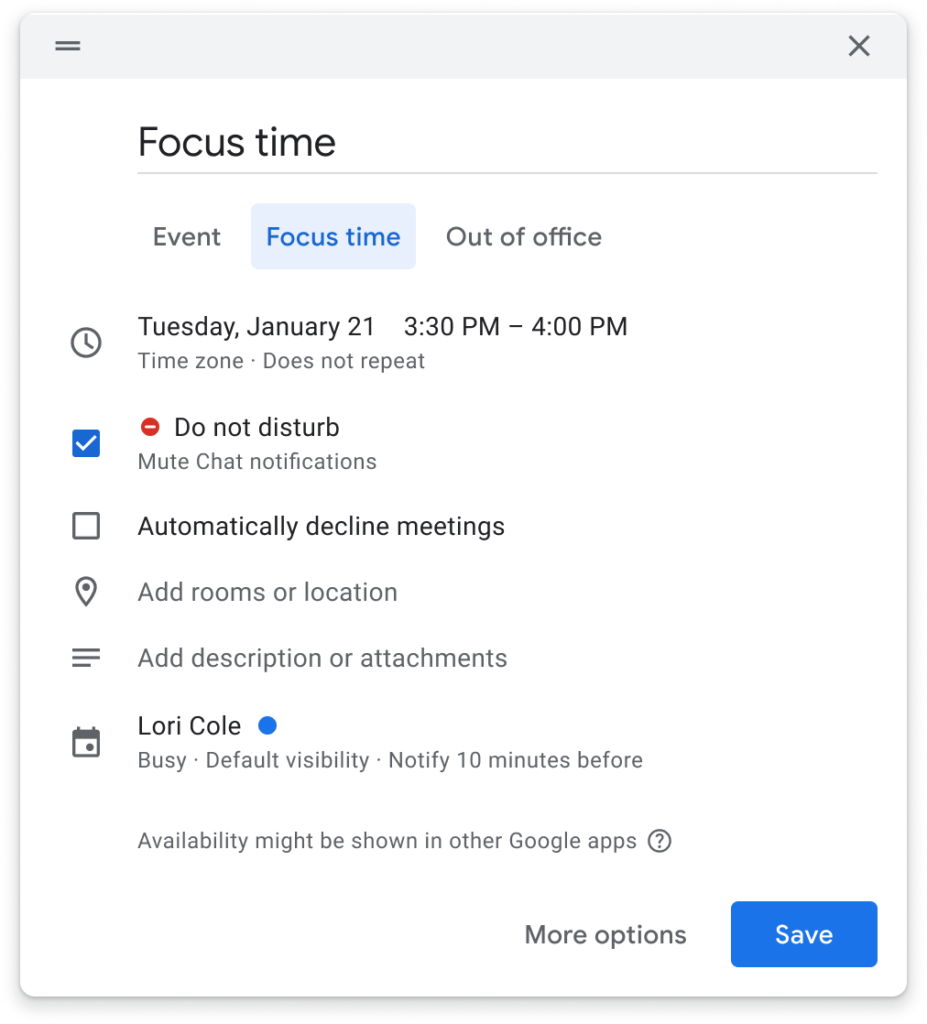 Mute notifications for “Focus time” events directly in Calendar. (Credit: Google)