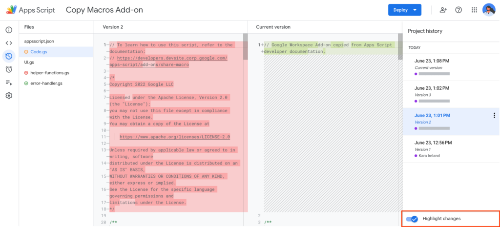 Google Apps Script project history
