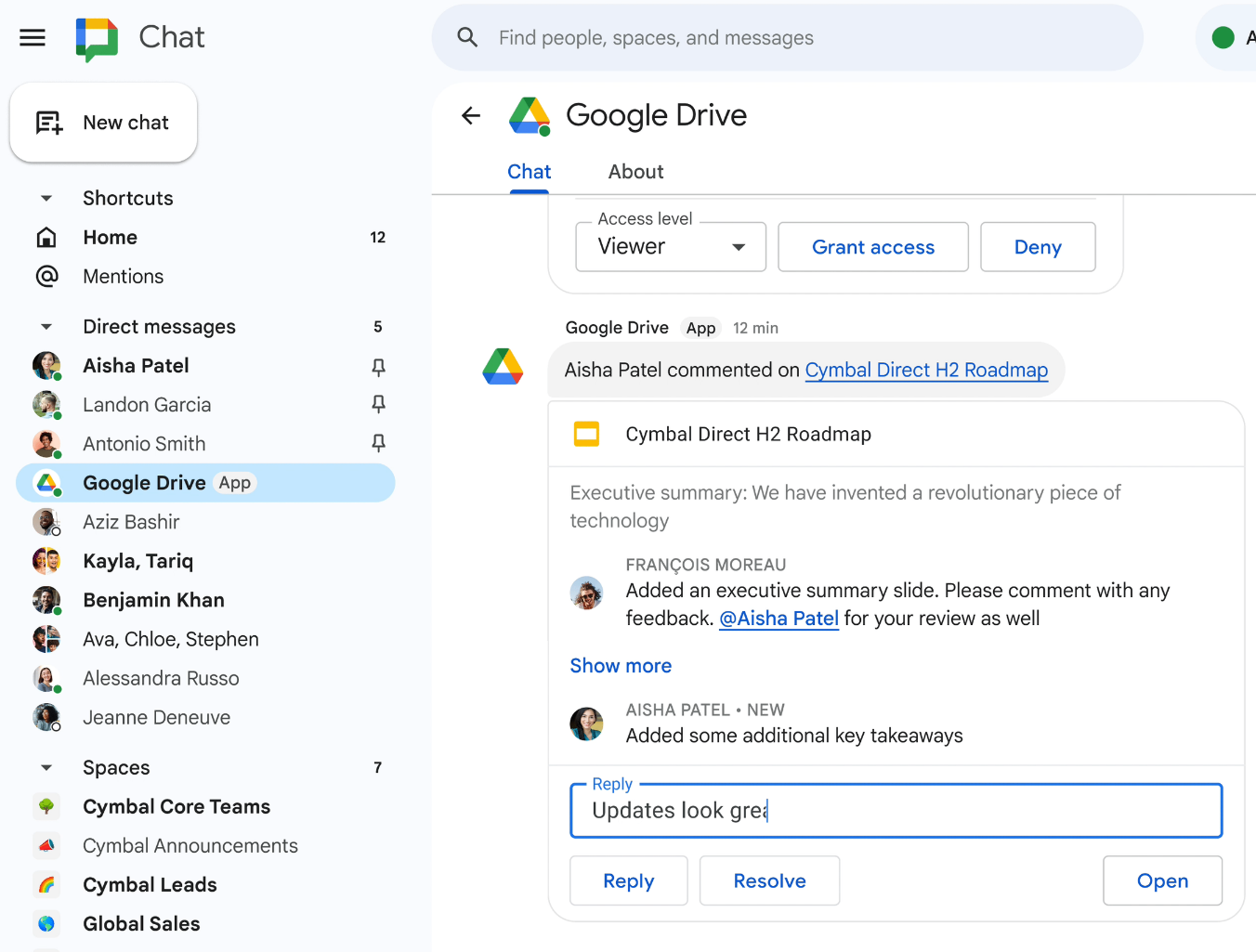 Take action on Google Drive requests and comments directly in Google Chat