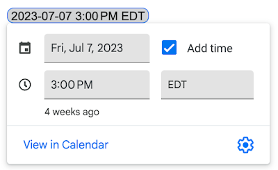 Timezone support for date/time shart chips in Google Docs.